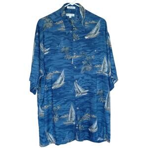 VTG Pierre Cardin Blue Cabana Shirt Mens XL Sailboat Palm Tree Hawaiian Beach